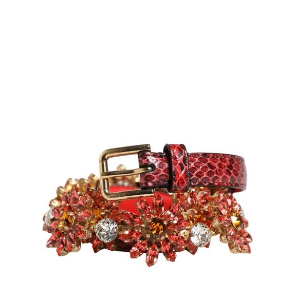 Dolce & Gabbana Red Leather Daisy Crystal Embellished Waist Women's Belt